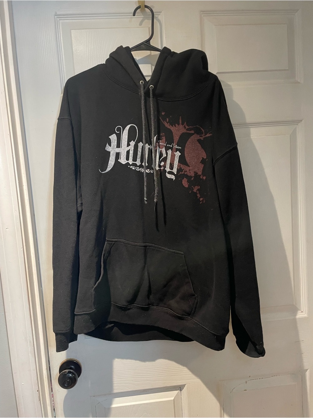 Hurley Black Pullover Hoodie with White Script and Red Accent